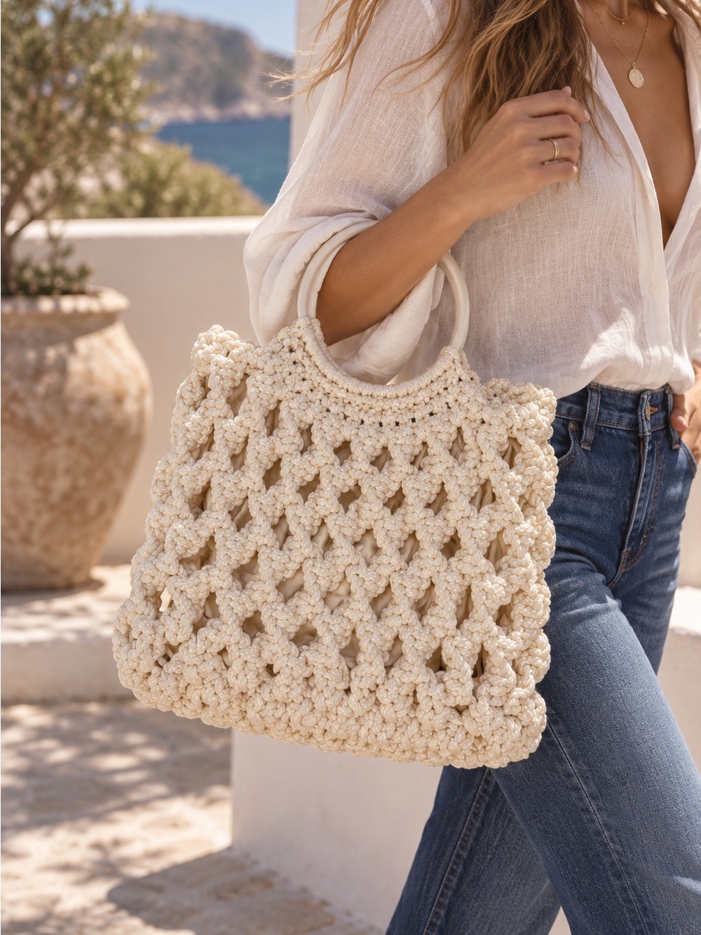Vintage 1970s Handmade Cream Macrame Crochet Handbag Ring Handle Boho Purse RARE